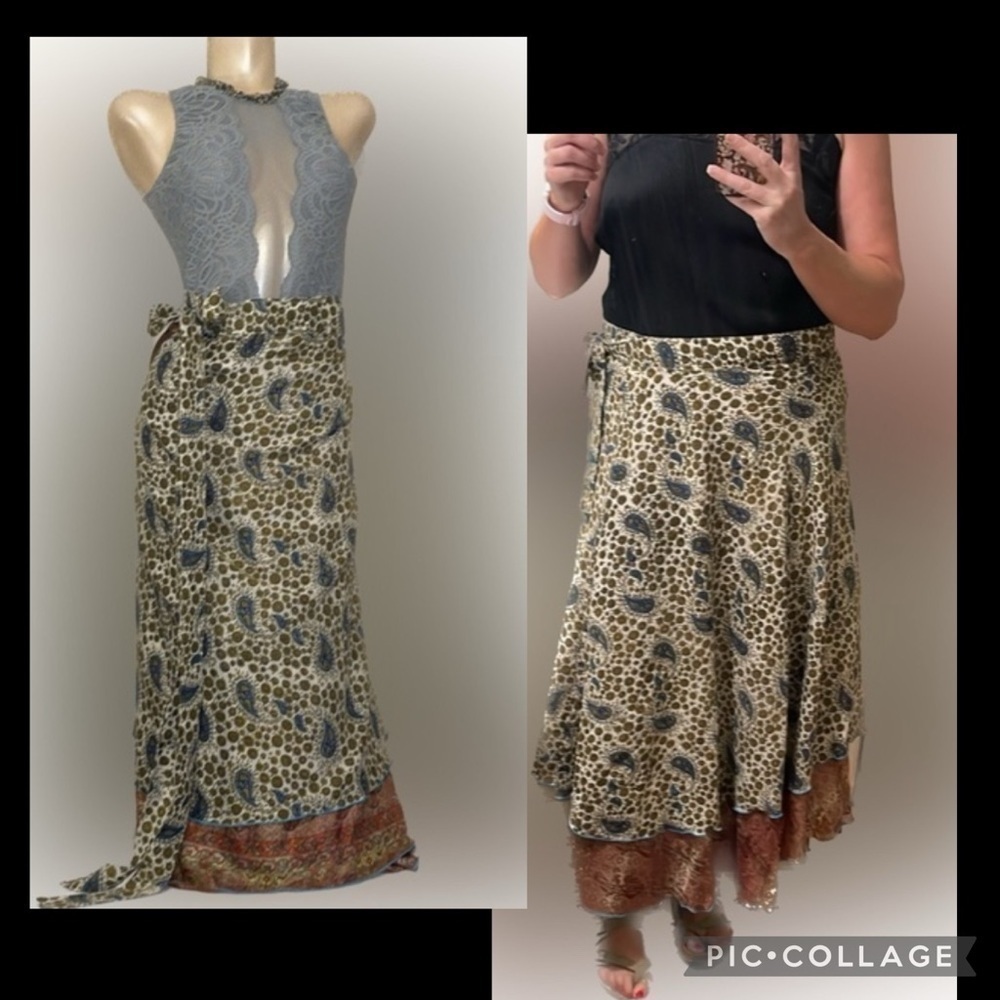Women wrap skirt large 34 large paisley Silk maxi tie cream brown adjustable - Picture 2 of 9